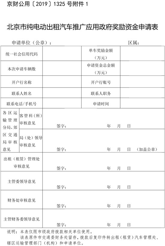 1. 北京市純電動出租汽車推廣應用政府獎勵資金申請表